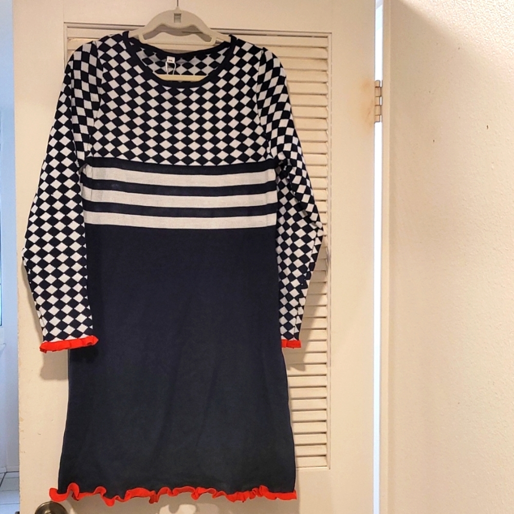 Navy and White Midi Sweater Dress